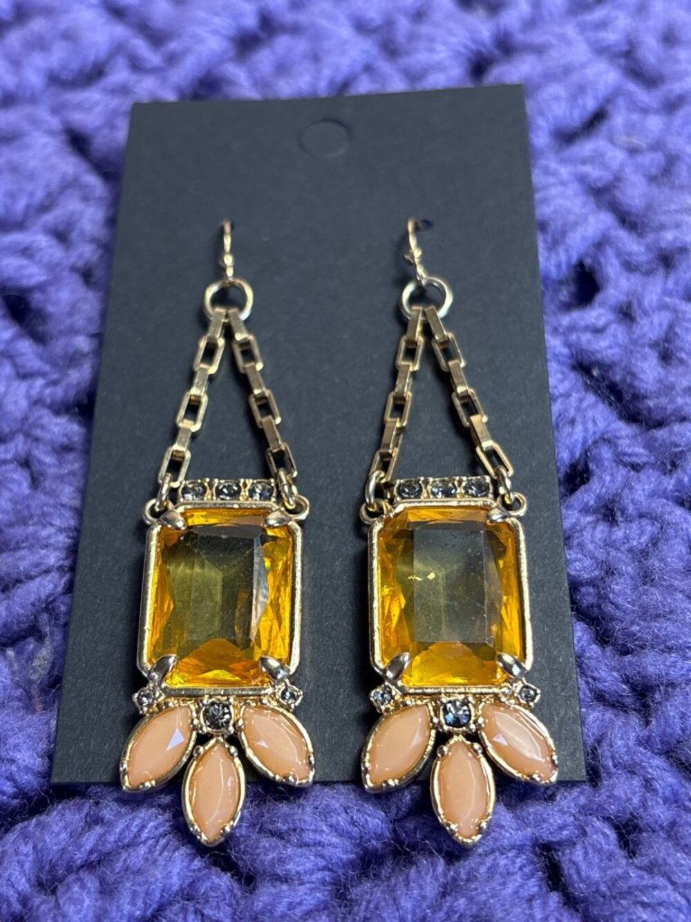 Unsigned Ann Taylor Rhinestone Dangle Earrings Goldtone Chain 2.5 inches Flawed